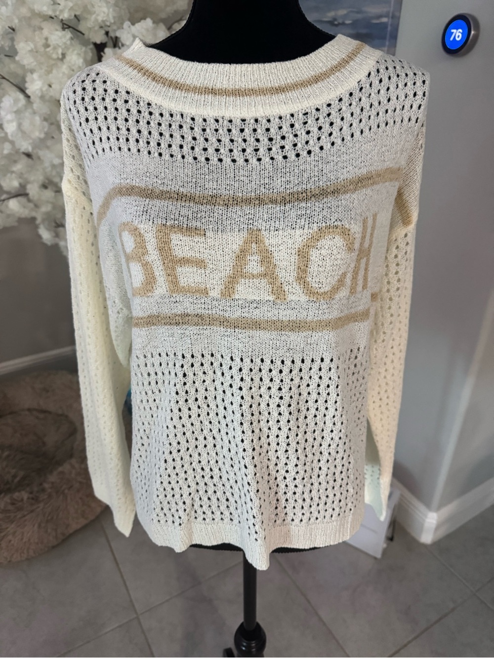 Cozy Casual Cream & Gold 'BEACH' Openwork Crew Sweater NWT